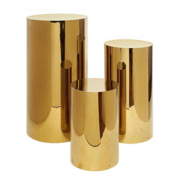 3 Piece Set of Metal Cylinder Pedestals Display Gold