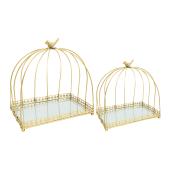 Rectangle Birdcage Cake Stand With Mirror 2pc/set - Gold