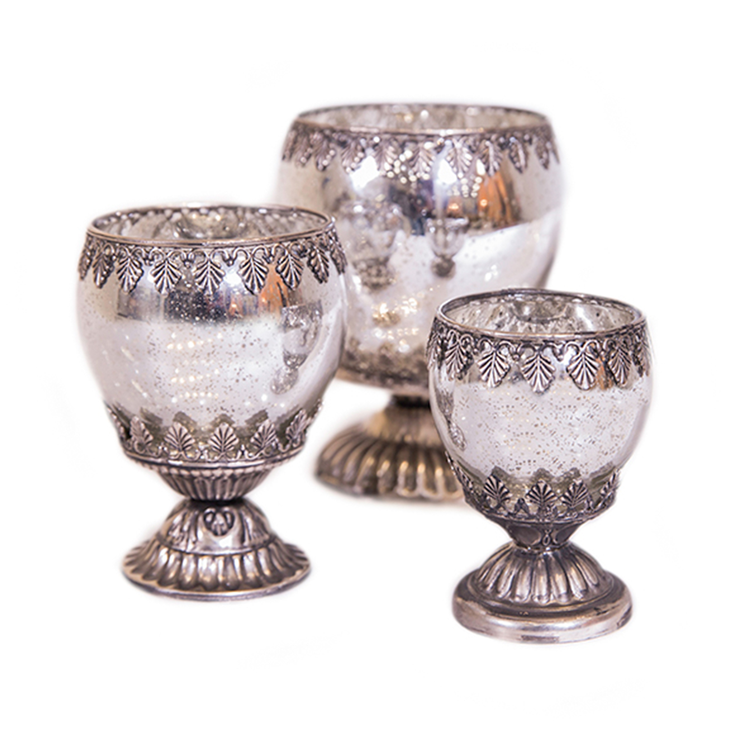 3 Piece Set! Leaf Engraved Gunmetal Candle Holder / Votive on Pedestal