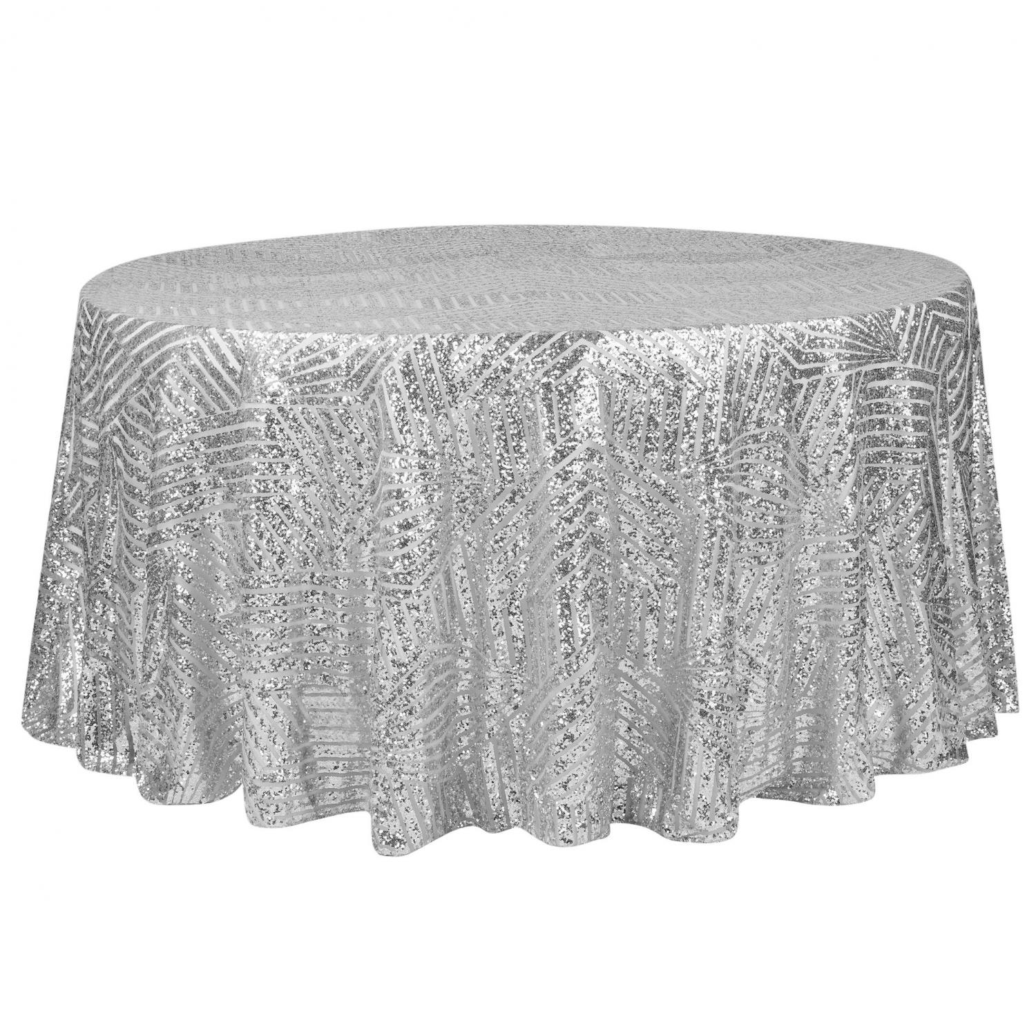 Geometric Lines Sequin Tablecloth Choose Your Size Silver Geometric Lines Sequin Tablecloth, Round Silver Sequin Tablecloth