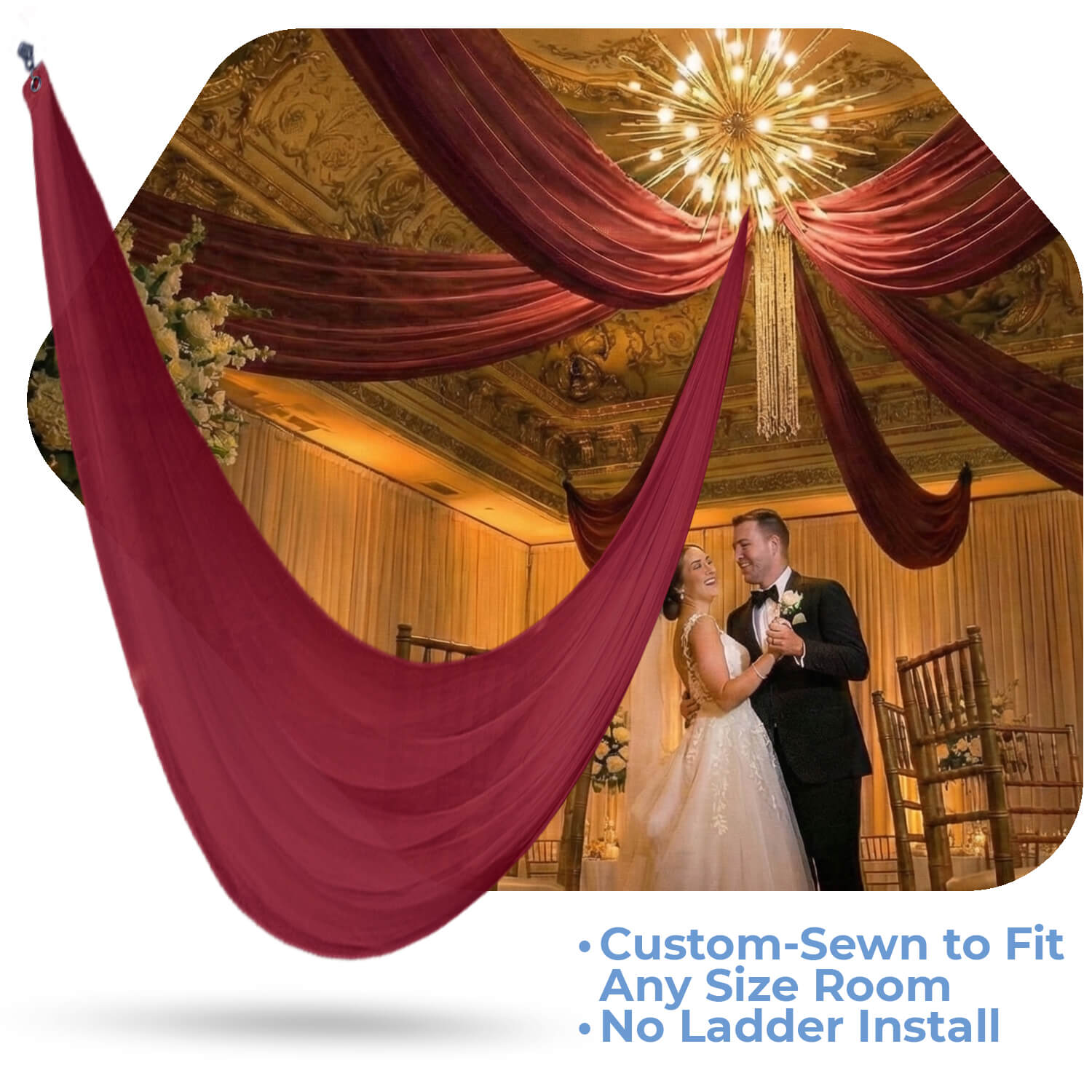 Single Piece, Burgundy Sheer Prefabricated Ceiling Drape Panel, Choose Length And Drop | Event Decor Direct