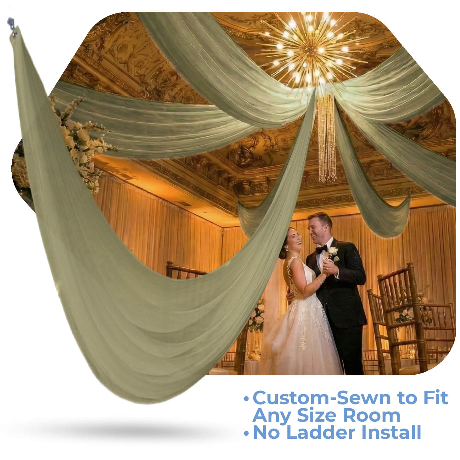 Stackless Drape Single Piece -Moss Sheer Prefabricated Ceiling Drape Panel - Choose ...