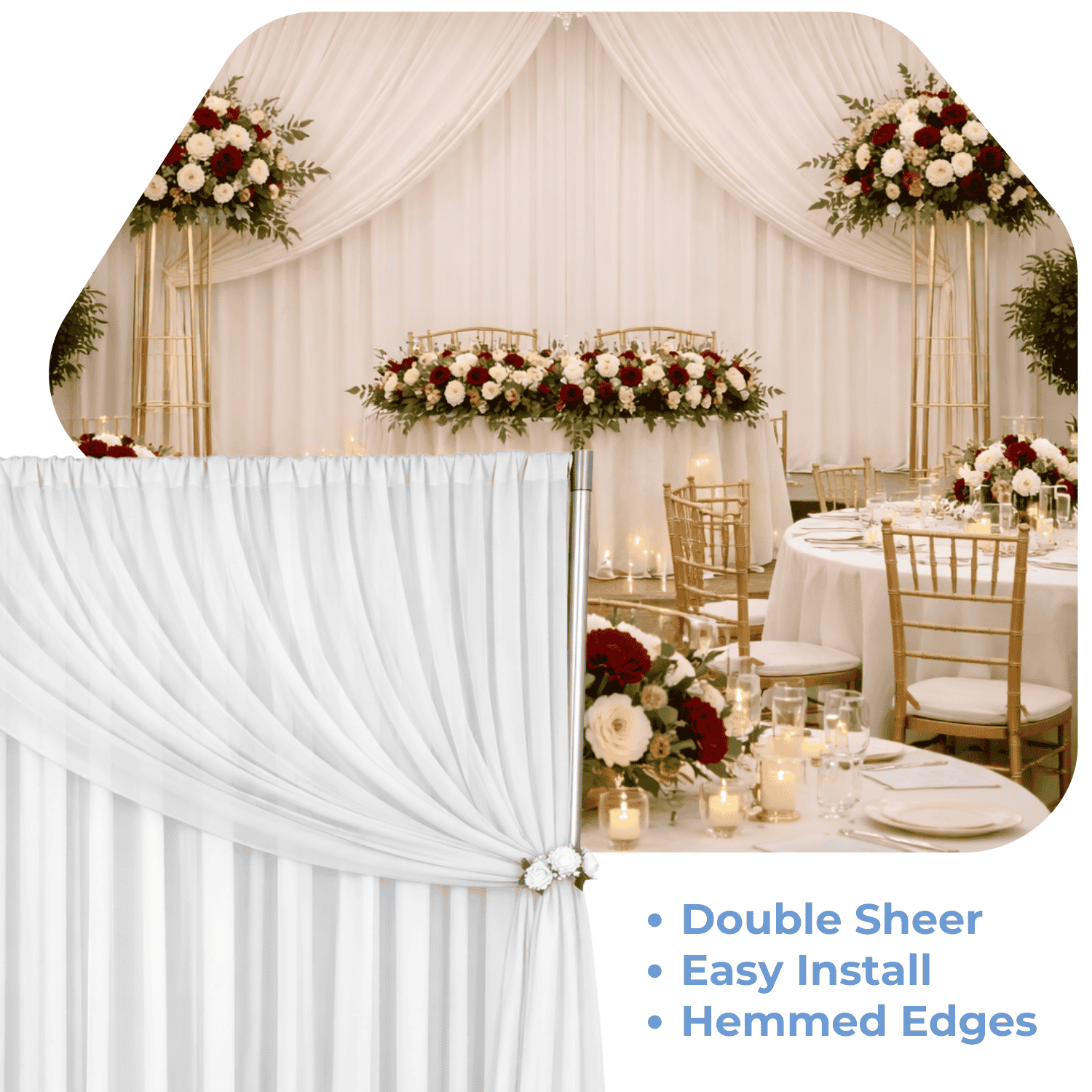 White Double Sheer Backdrop Drape – 10ft Height x 10ft Wide Chiffon ...